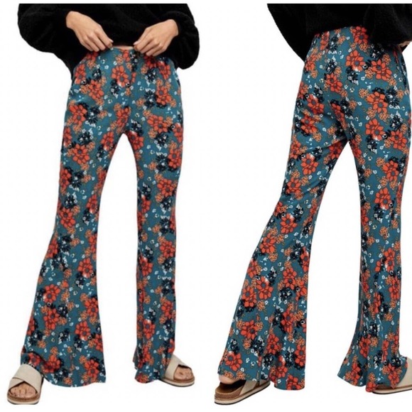 Free People Bell Bottom Pants Womens Size XS Floral Flare Palazzo Boho Hippie - Picture 3 of 14